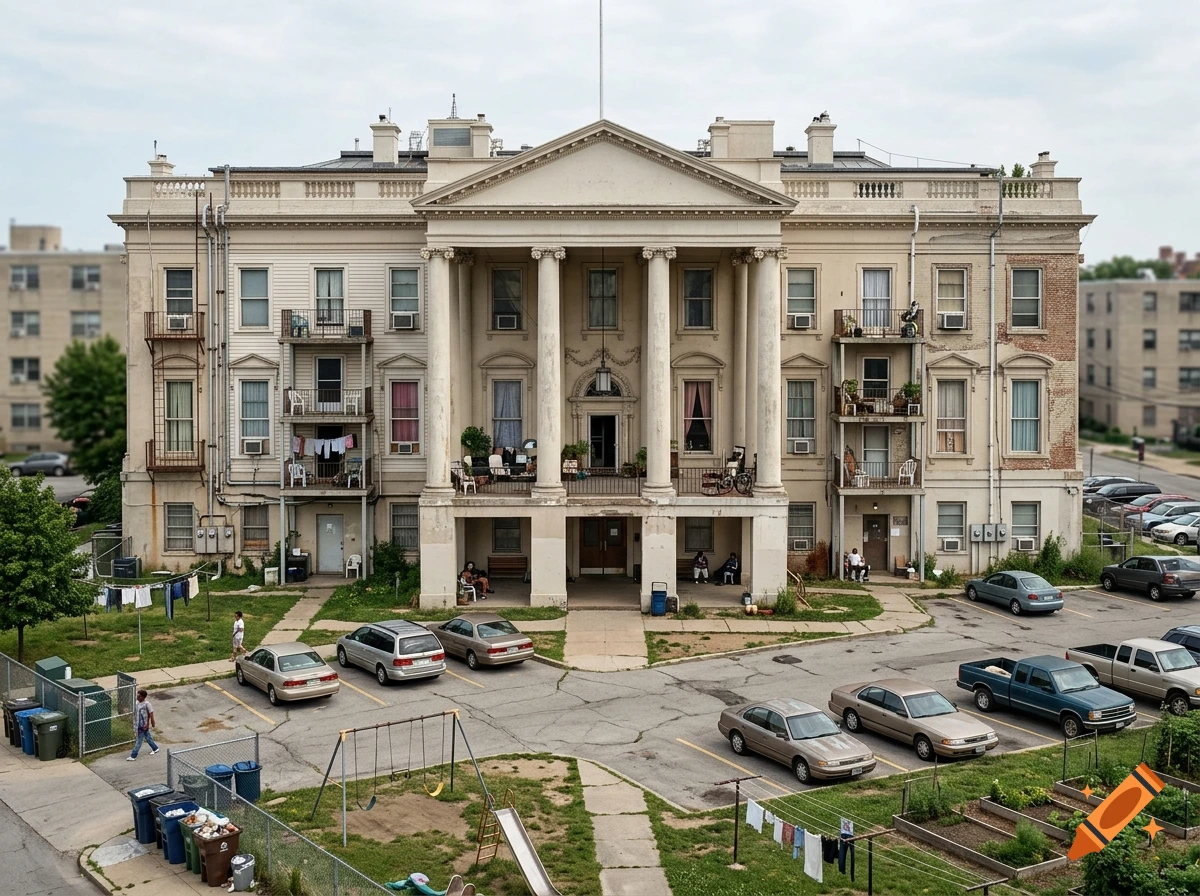 Photorealistic image of the White House redesigned as a low-income housing project with parking lot and playground.