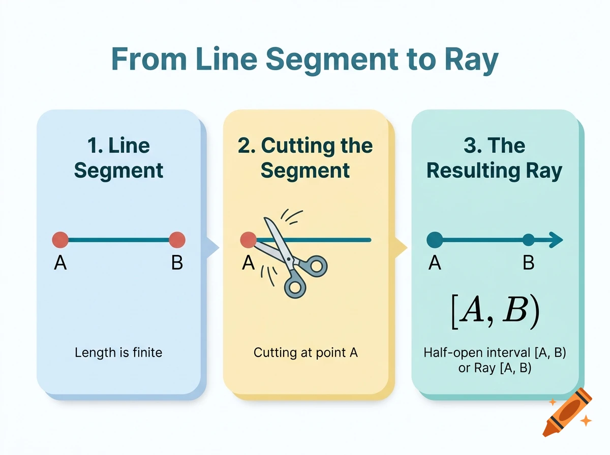 Educational infographic explaining line segments and rays in three steps with illustrations, in a clean digital style.