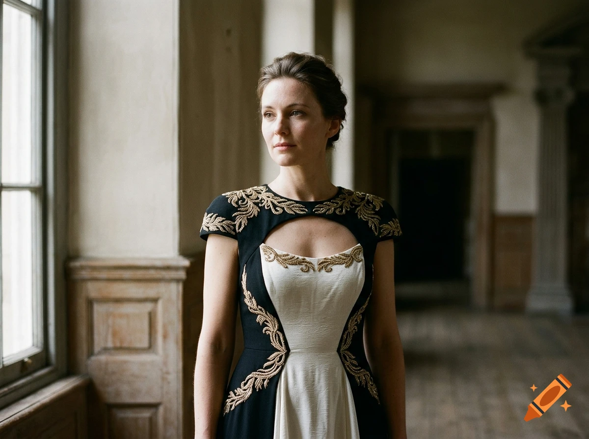 Photorealistic portrait of a woman wearing a black and white dress with gold embroidery standing in an old building.