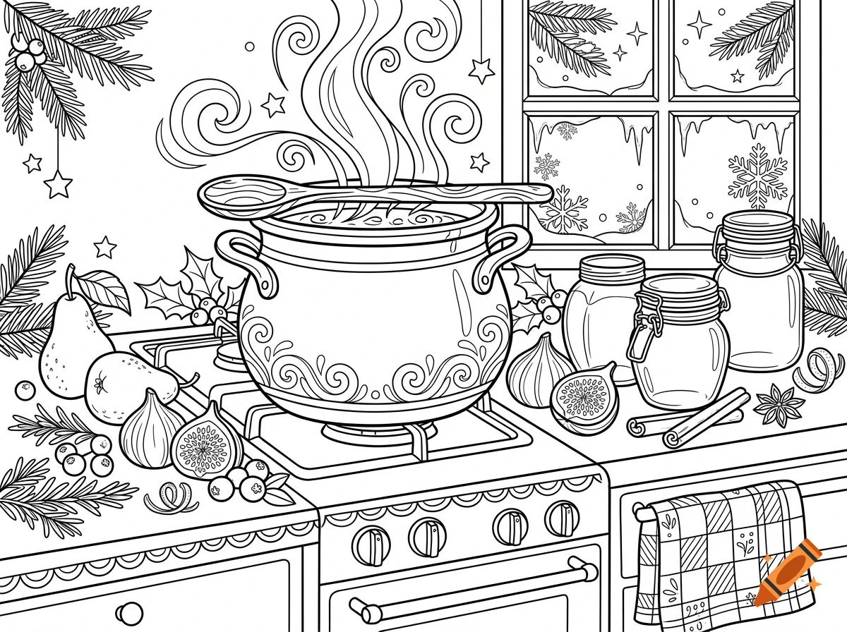 Black and white coloring page showing a steaming pot on a stove surrounded by fruit, jars, cinnamon sticks, and a winter window scene.