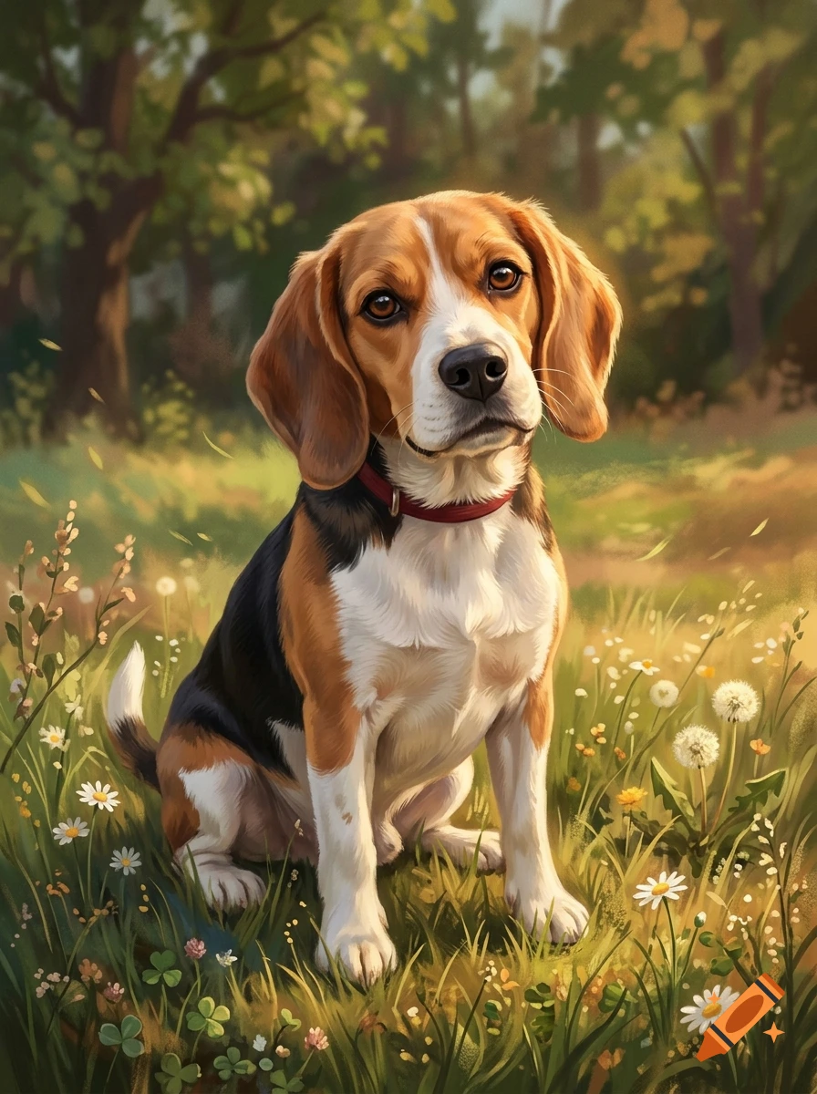 Digital painting of a beagle sitting in a sunlit grassy field with wildflowers and trees in the background.