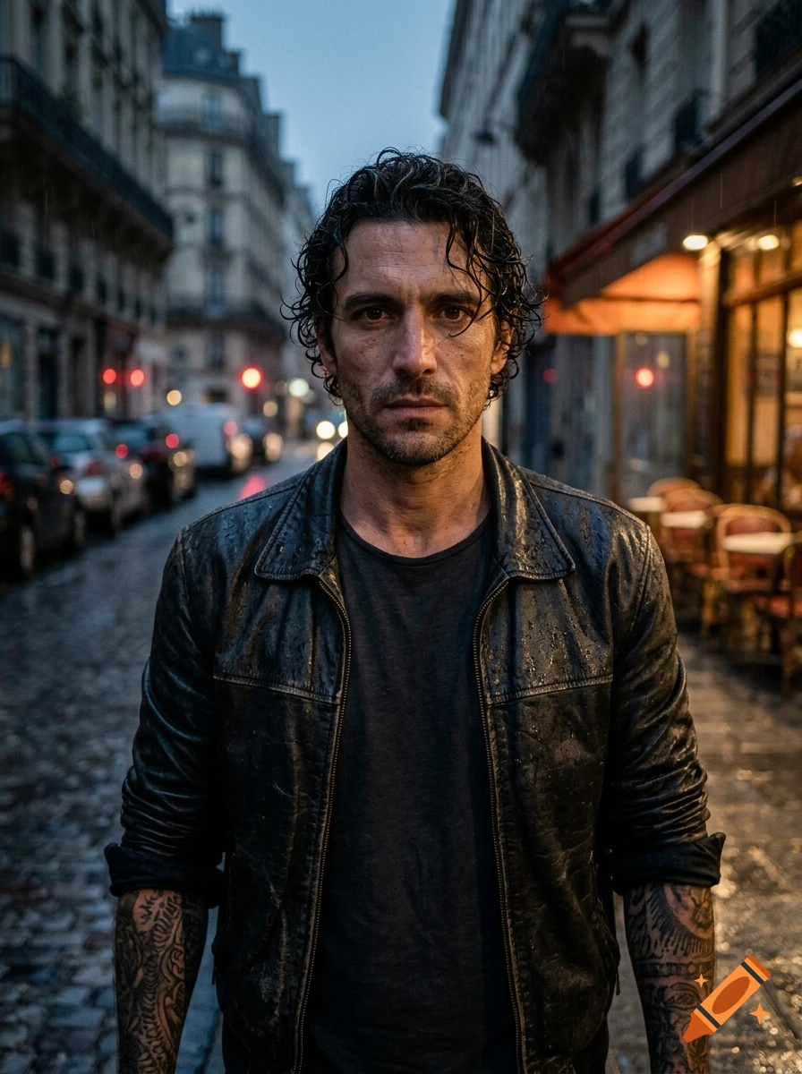 Cinematic photorealistic portrait of a rugged man with tattoos and a black leather jacket on a rainy Parisian street at night.
