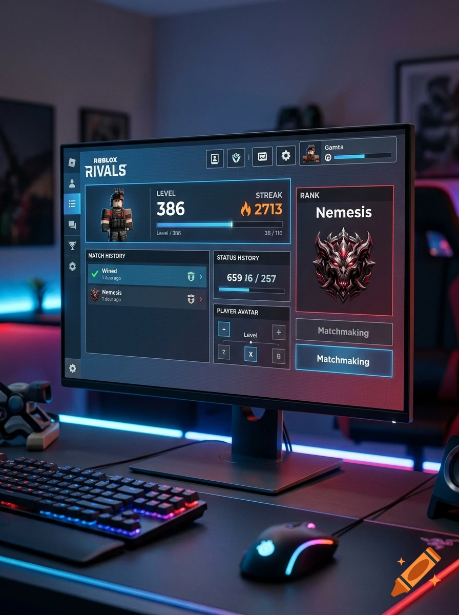 A computer monitor displays a video game menu for Roblox Rivals, featuring player level, match history, and rank stats, set on a lit gaming desk.