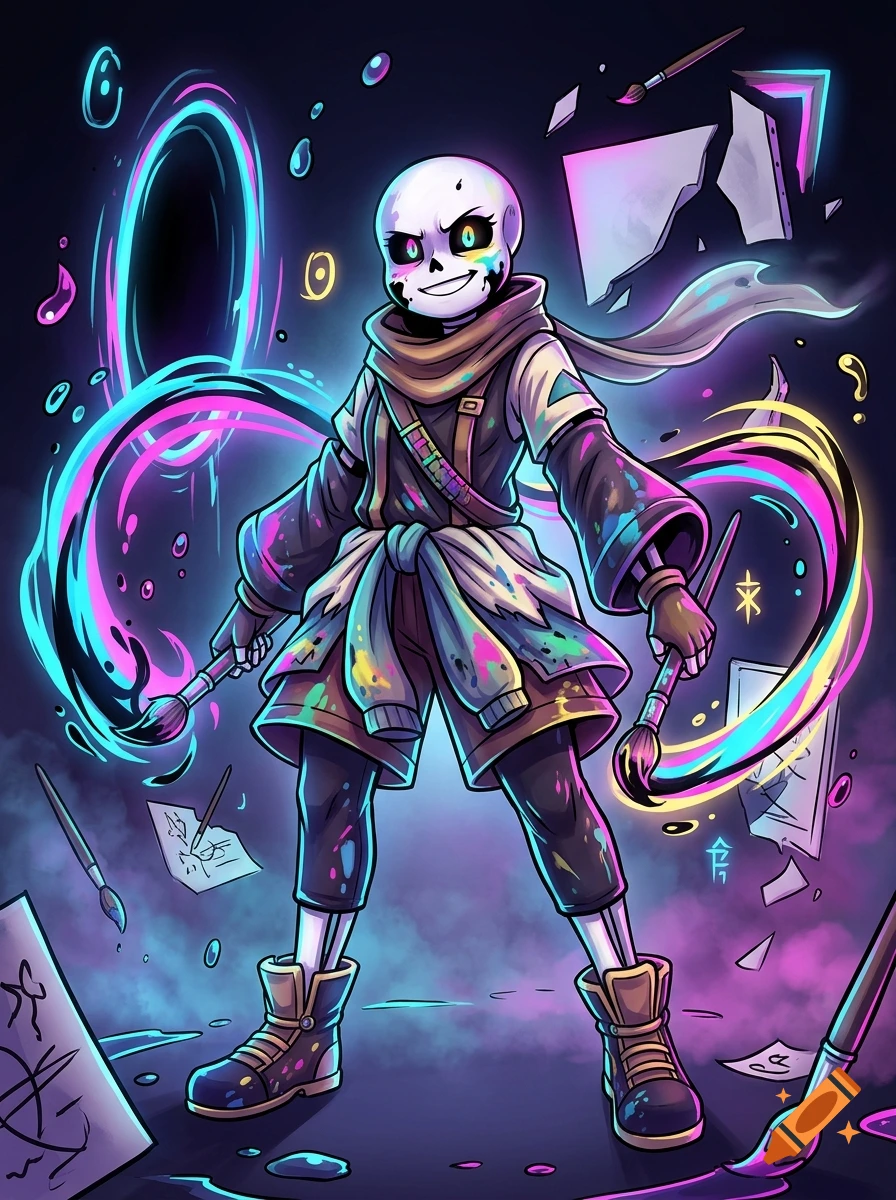 An artistic skeleton character with glowing multi-colored eyes, holding paintbrushes amidst swirling colorful paint streaks and floating art fragments against a dark background.