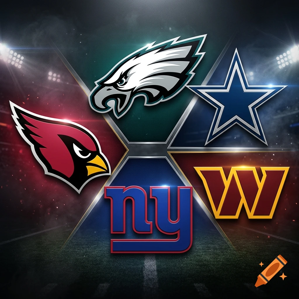 Collage of five NFL team logos including Cardinals, Eagles, Cowboys, Giants, and Commanders on a glowing stadium background.
