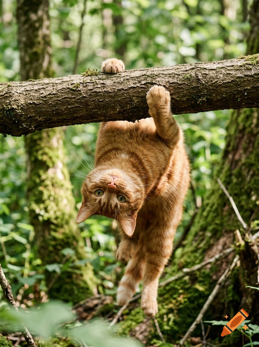 Photorealistic image of a ginger cat hanging upside down from a tree branch in a forest.