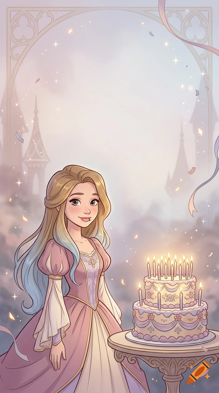 An animated style illustration of a young princess with long dark blonde hair with pastel blue tips, standing beside a two-tier birthday cake with lit candles.