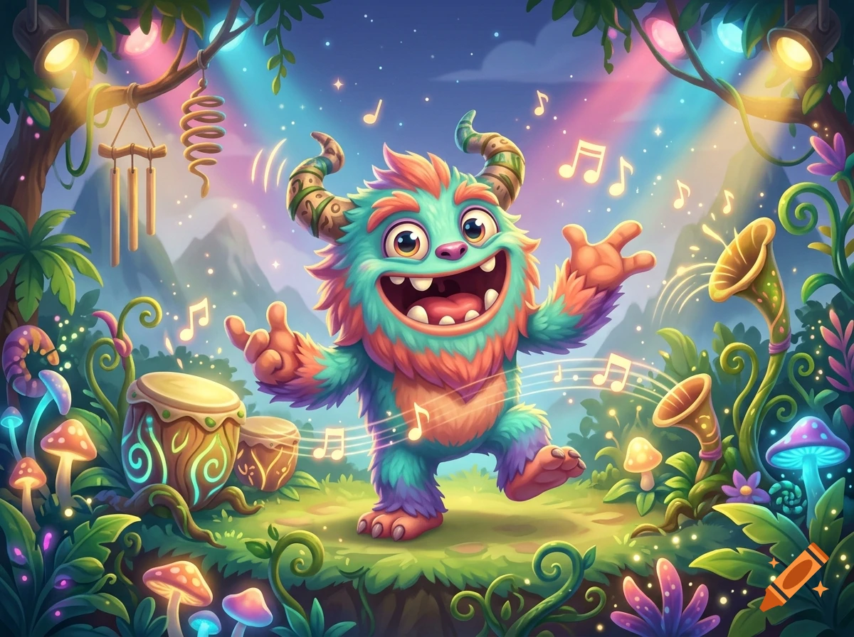 Colorful, furry cartoon monster with horns dancing in a magical jungle surrounded by musical notes and glowing mushrooms.