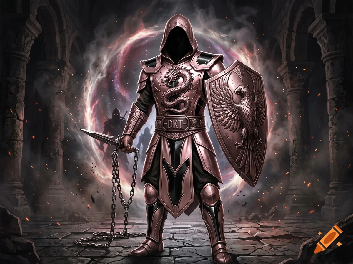 Digital concept art of a powerful faceless warrior in polished pink chrome armor with a dragon crest and shield, standing in an ancient temple.
