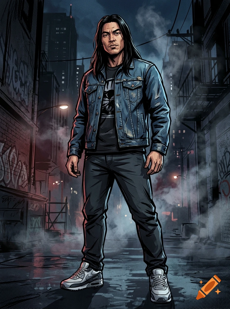 Comic style illustration of a man with long black hair, denim jacket, and sneakers standing in a dark alleyway.