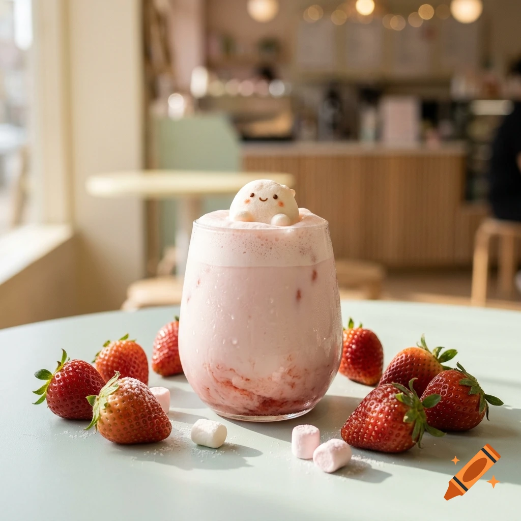 A glass of strawberry milk topped with a cute marshmallow character, surrounded by fresh strawberries and marshmallows on a table.