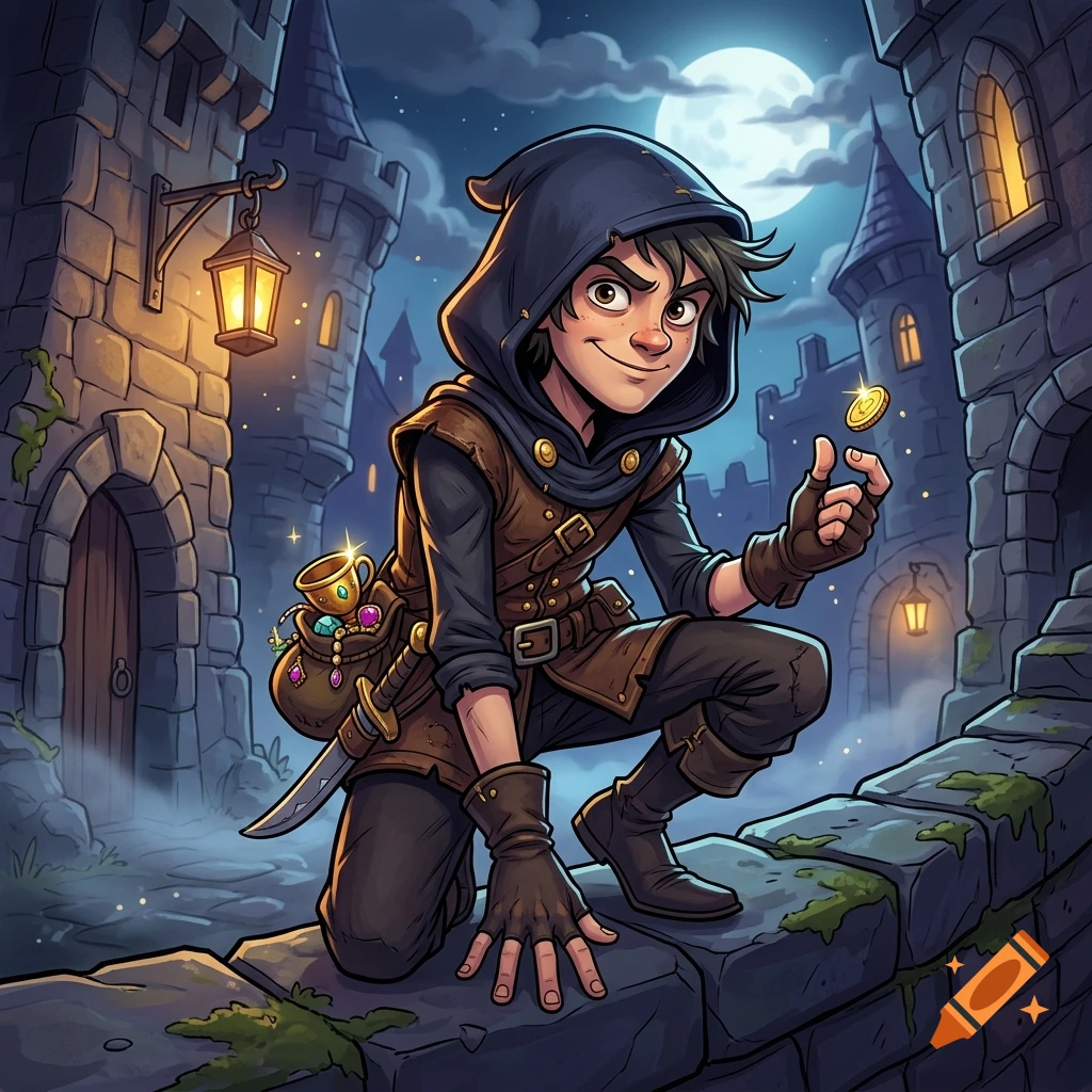 Digital illustration of a young thief in a hooded leather cloak crouching on a stone wall at night, holding a glowing coin.
