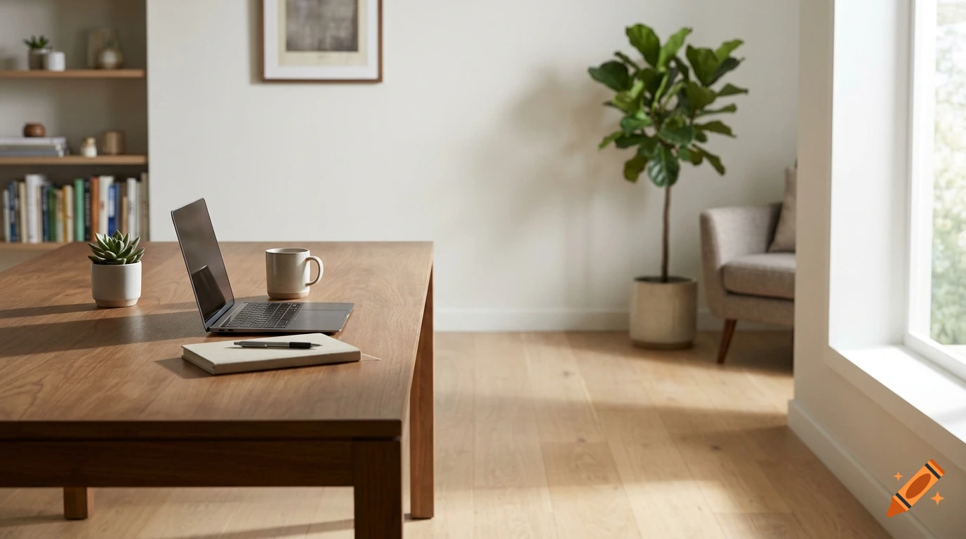 A wooden desk with a laptop, a notebook, a pen, a mug, and a potted plant in a bright room.