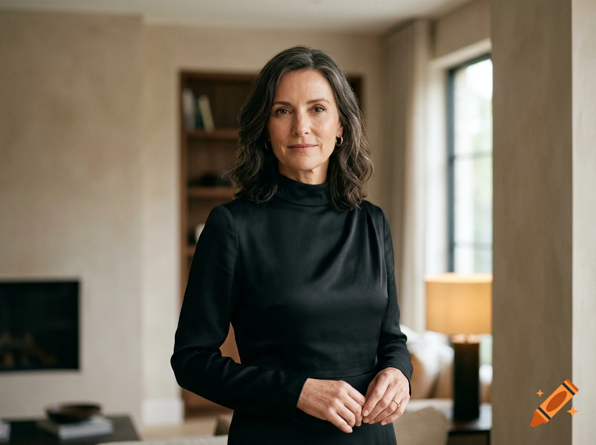 Photorealistic portrait of a mature woman with dark hair wearing a black dress in a warmly lit indoor setting.