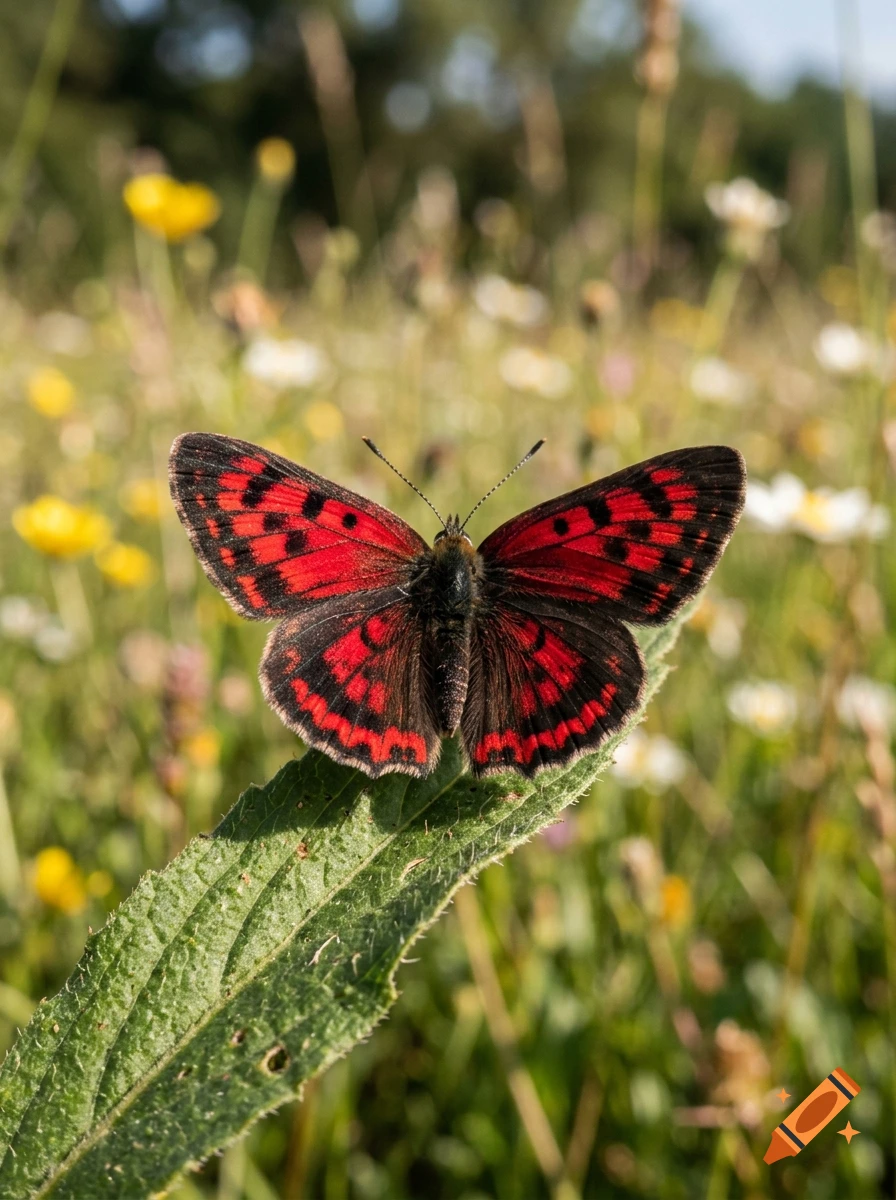 A vibrant red and black butterfly resting on a green leaf in a meadow.