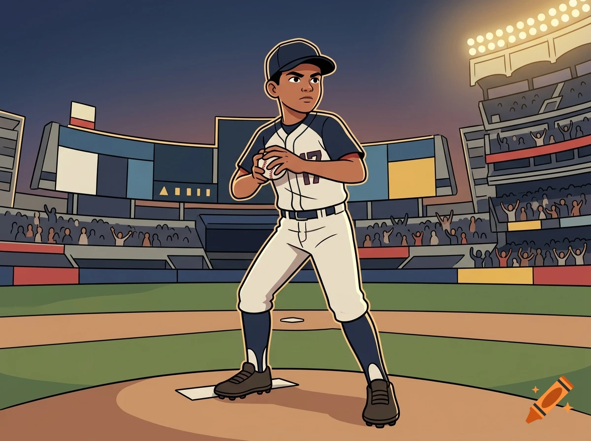 An illustrated baseball player in uniform pitching on the mound at a stadium under stadium lights.