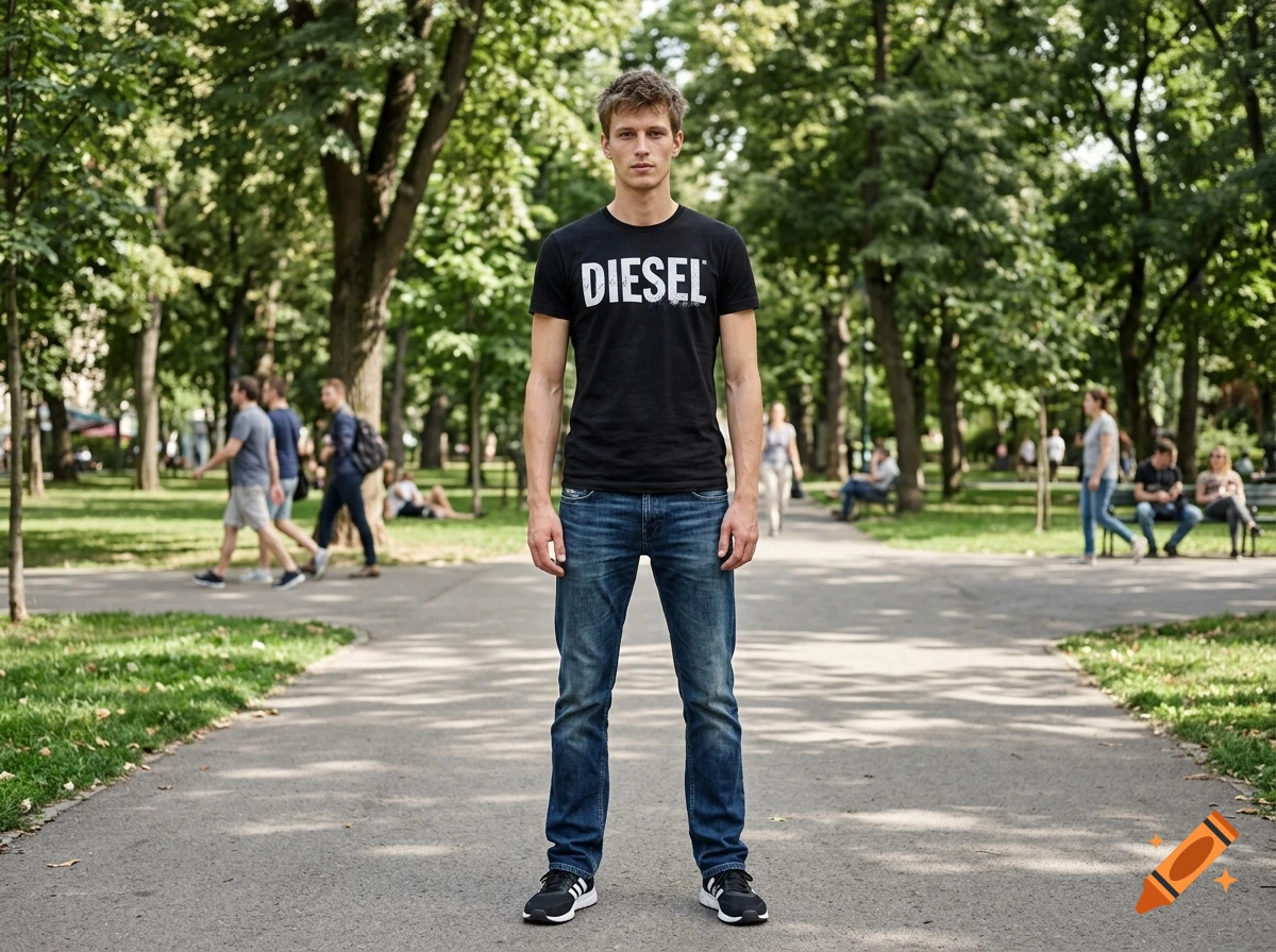 Photorealistic full-length portrait of a young man standing in a park, wearing a black Diesel t-shirt and blue jeans.
