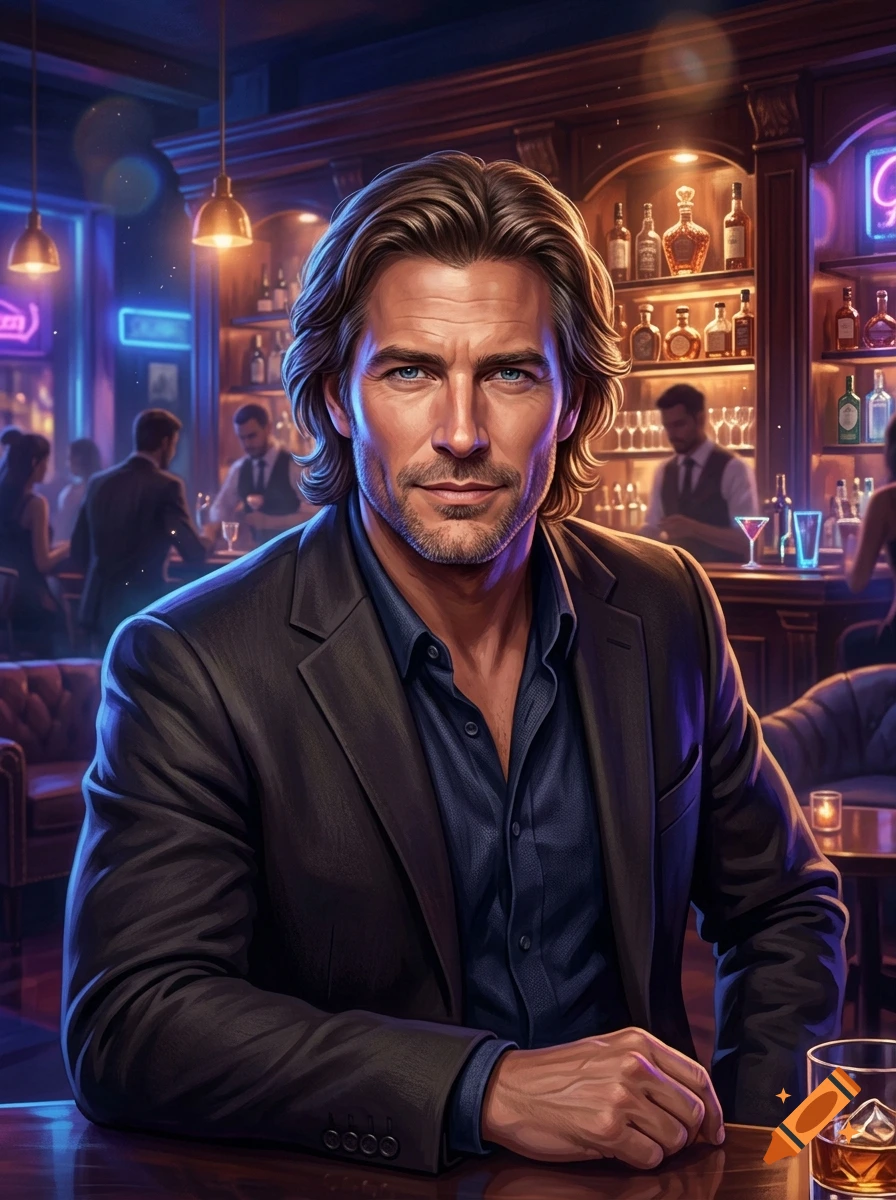 Digital portrait of a handsome middle-aged man with shoulder-length brown hair and blue eyes sitting in a bar.