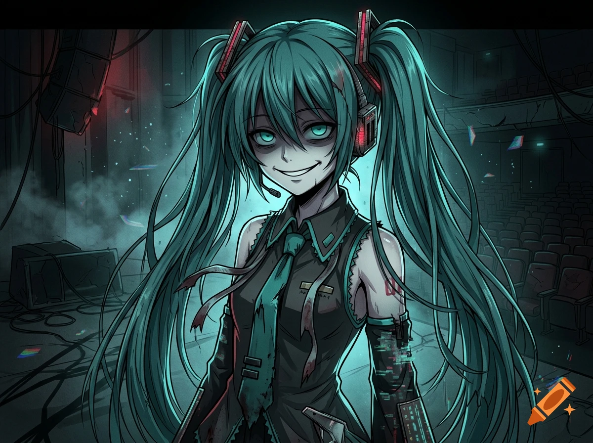 Creepy anime girl with teal pigtails, glowing eyes, and a sinister smile in a dark, ruined auditorium, digital art style.