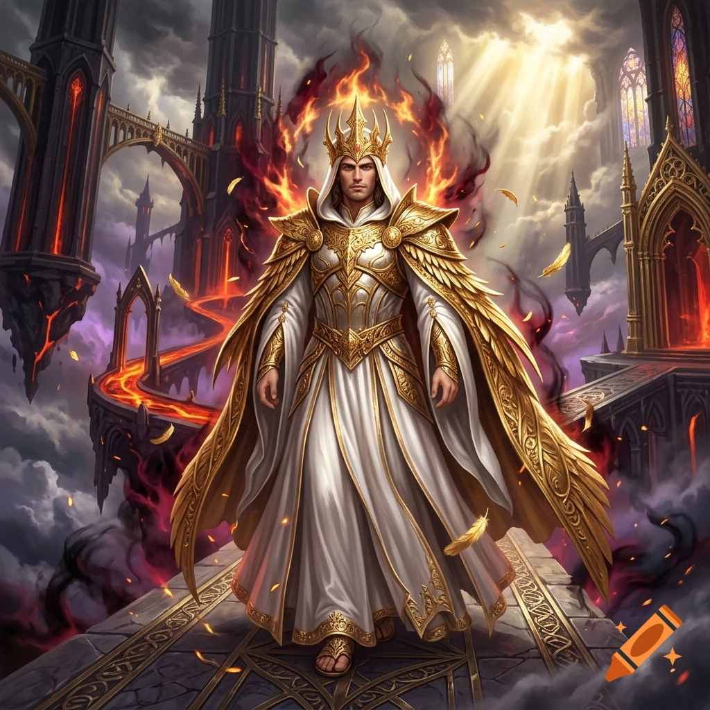 Fantasy digital illustration of a royal male figure in a white robe and golden armor, standing on a bridge in an infernal castle.