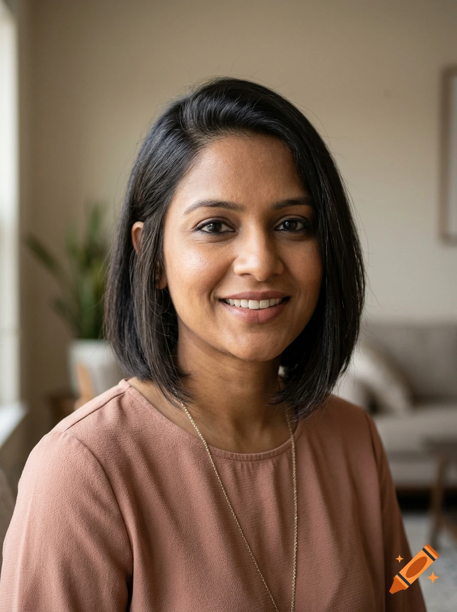 Portrait of a smiling woman with shoulder-length dark hair wearing a peach-colored top and a delicate necklace indoors.