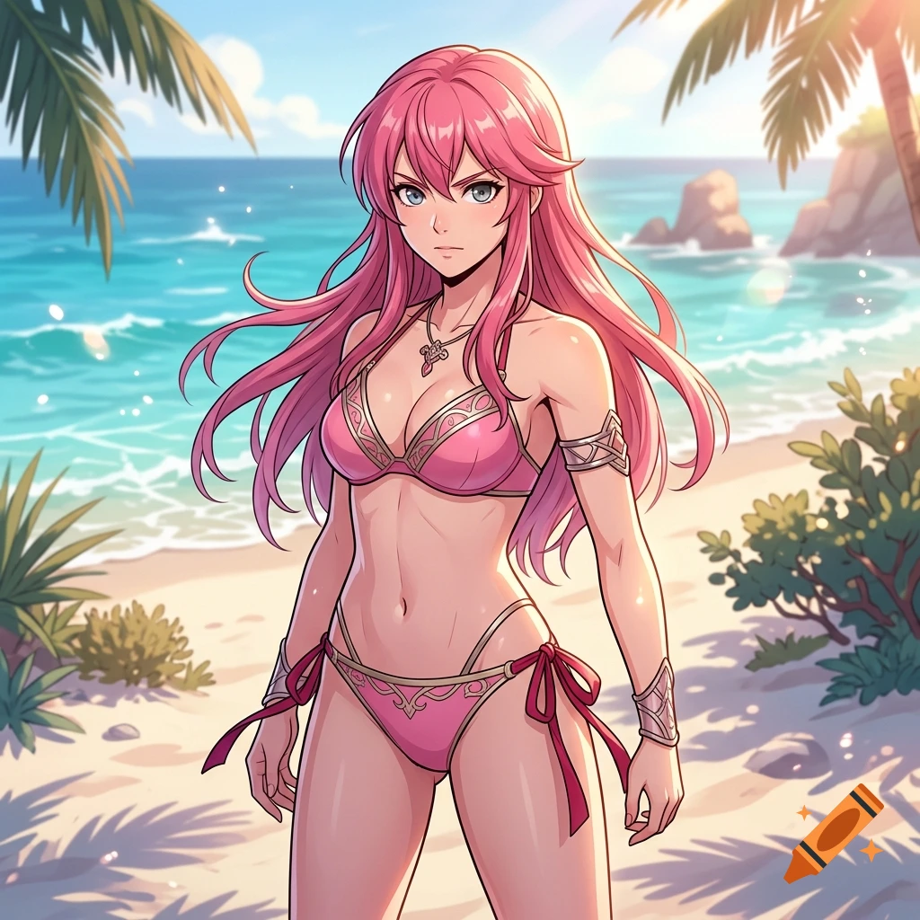 Anime style illustration of a pink-haired woman in a bikini standing on a tropical beach.