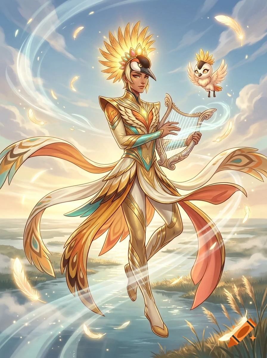 An anime-style superhero with a crowned crane headdress holding a harp, floating in a serene sky with floating feathers.