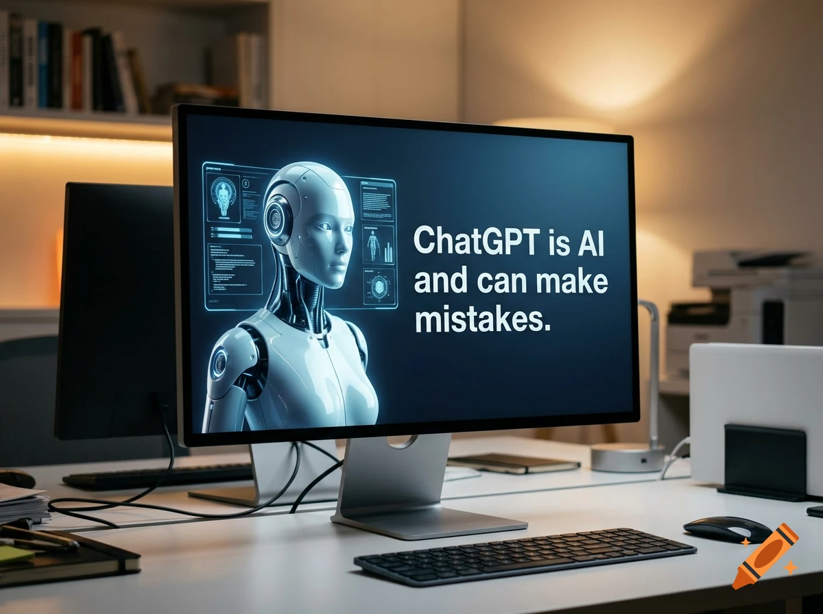 A computer monitor displaying a humanoid robot graphic and the text 'ChatGPT is AI and can make mistakes' in a modern office setup.