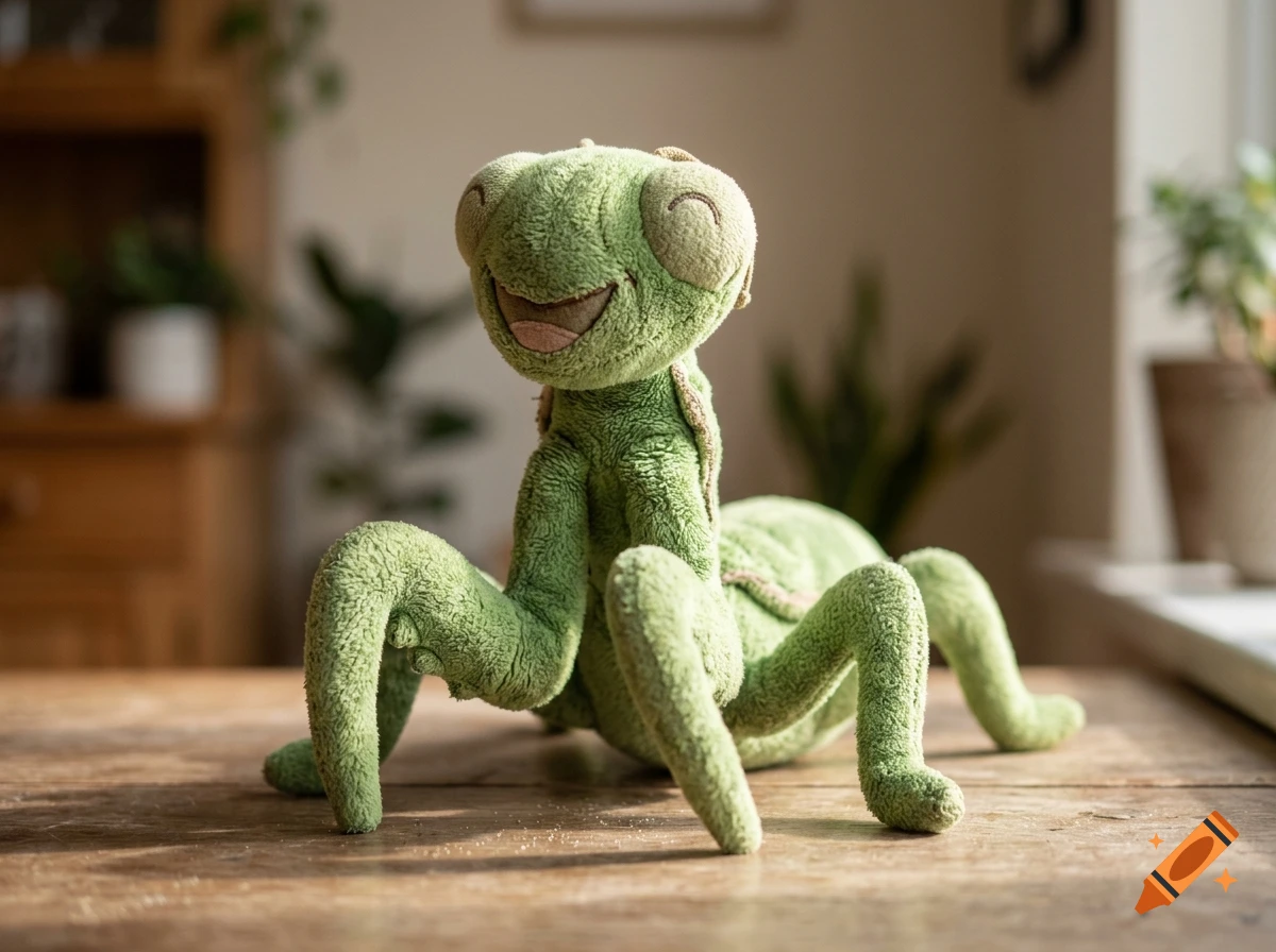 A plush toy praying mantis with a smiling face sitting on a wooden table.
