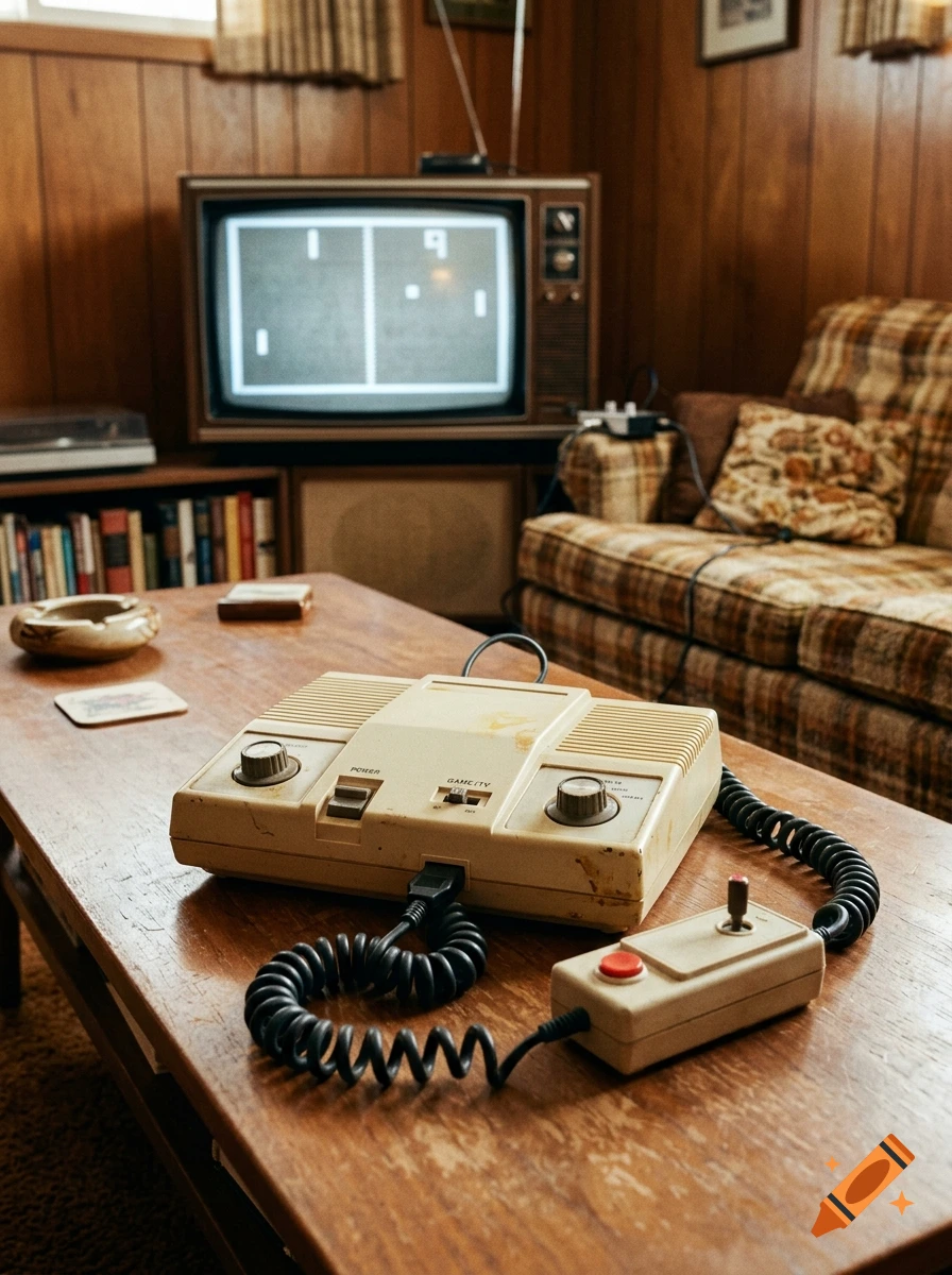 Photorealistic 1970s living room with a vintage video game console on a wooden coffee table and a retro TV showing pong in the background.
