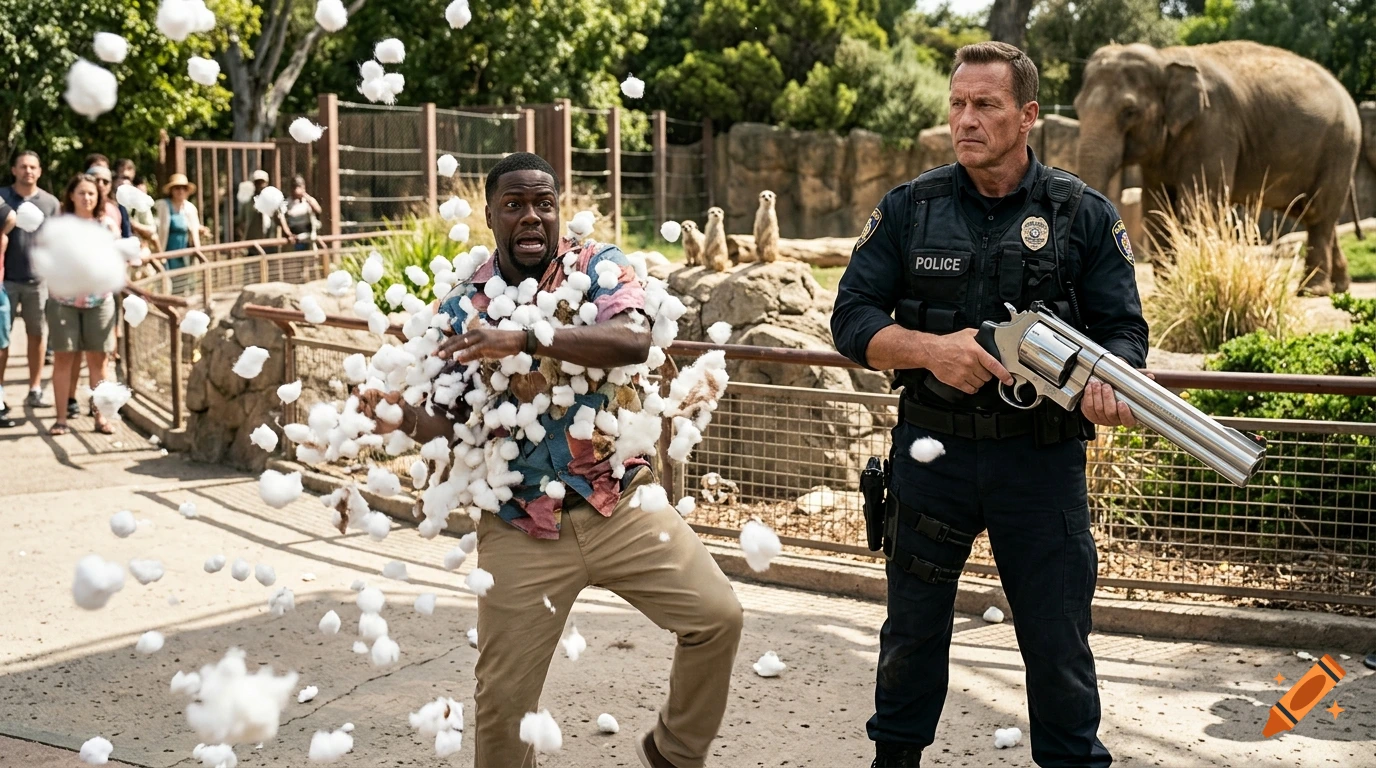 A cinematic movie still of a man reacting to an explosion of cotton balls in a zoo, with a police officer holding a giant gun beside him.