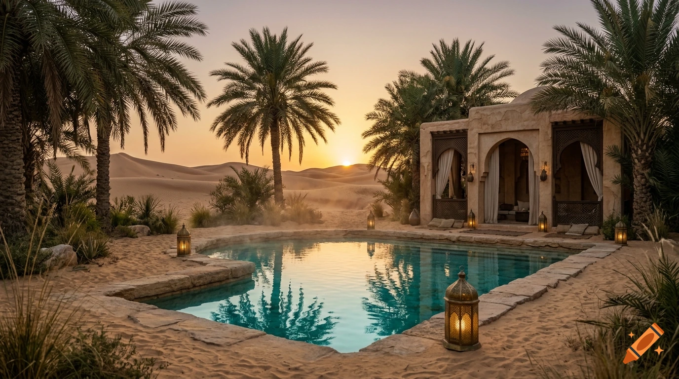 Photorealistic desert oasis at sunset with a crystal-clear turquoise swimming pool, palm trees, and traditional lanterns.