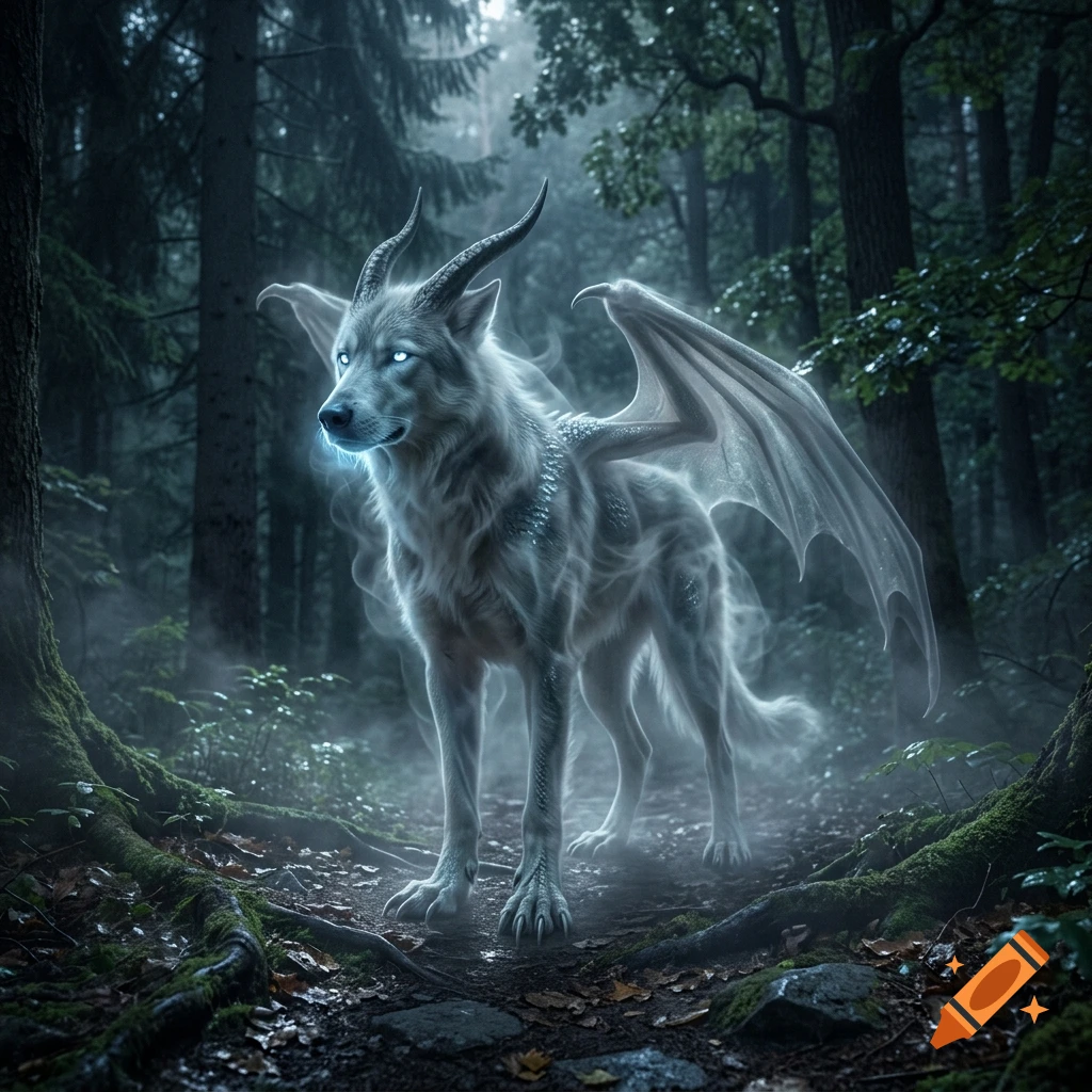 A ghostly white creature combining features of a wolf and a dragon with glowing blue eyes and wings, standing in a misty forest.