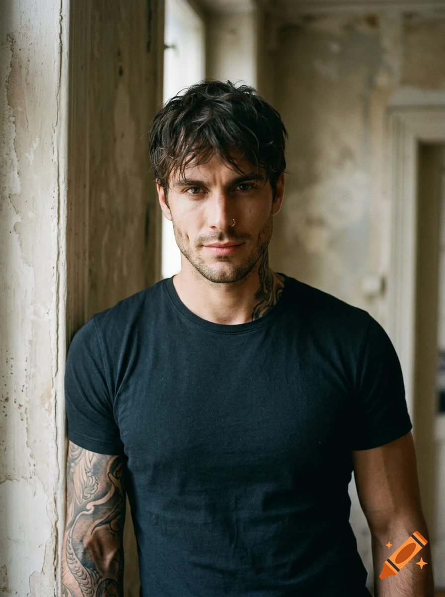 A man with dark hair, tattoos, and a black t-shirt posing near a doorway.