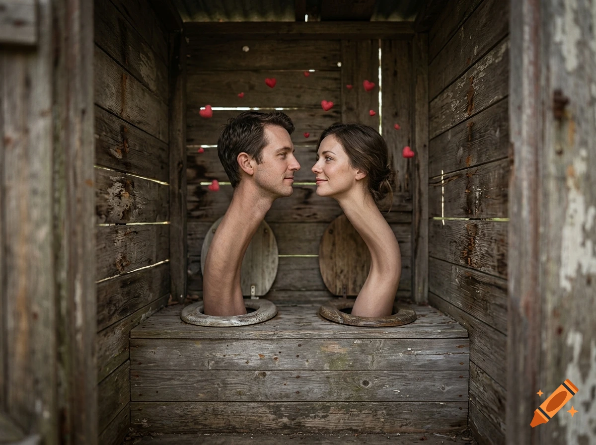 Photorealistic interior of an old wooden outhouse where a man and a woman's heads extend on impossibly long necks out of the toilet seats, looking romantically at each other amidst floating red hearts.