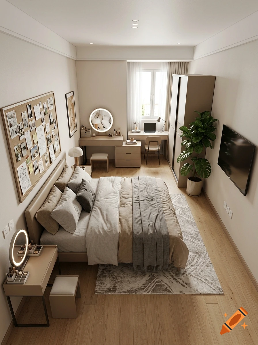 Top-down view of a modern, compact bedroom featuring a bed with a large corkboard wall, wooden flooring, and minimalist furniture.