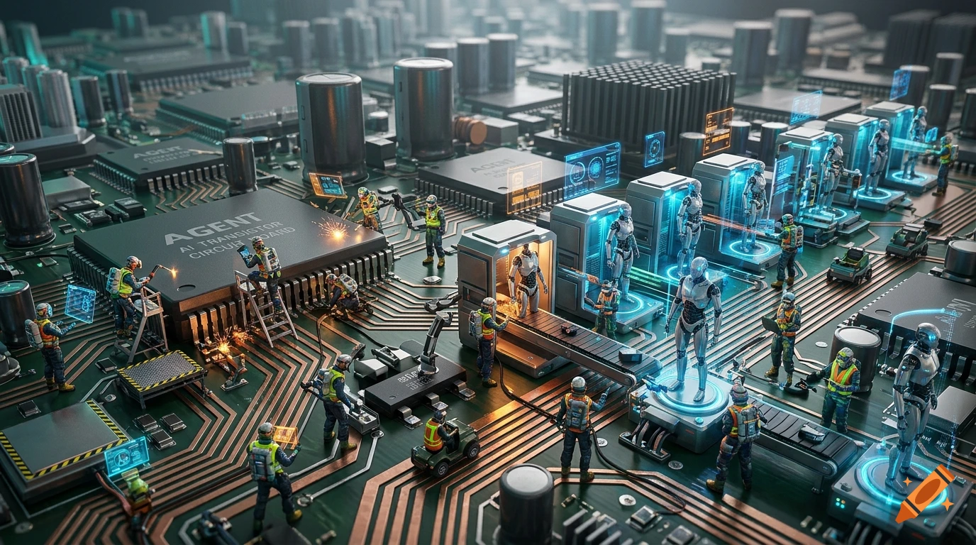 Miniature workers assembling AI bots on a circuit board, photorealistic style.