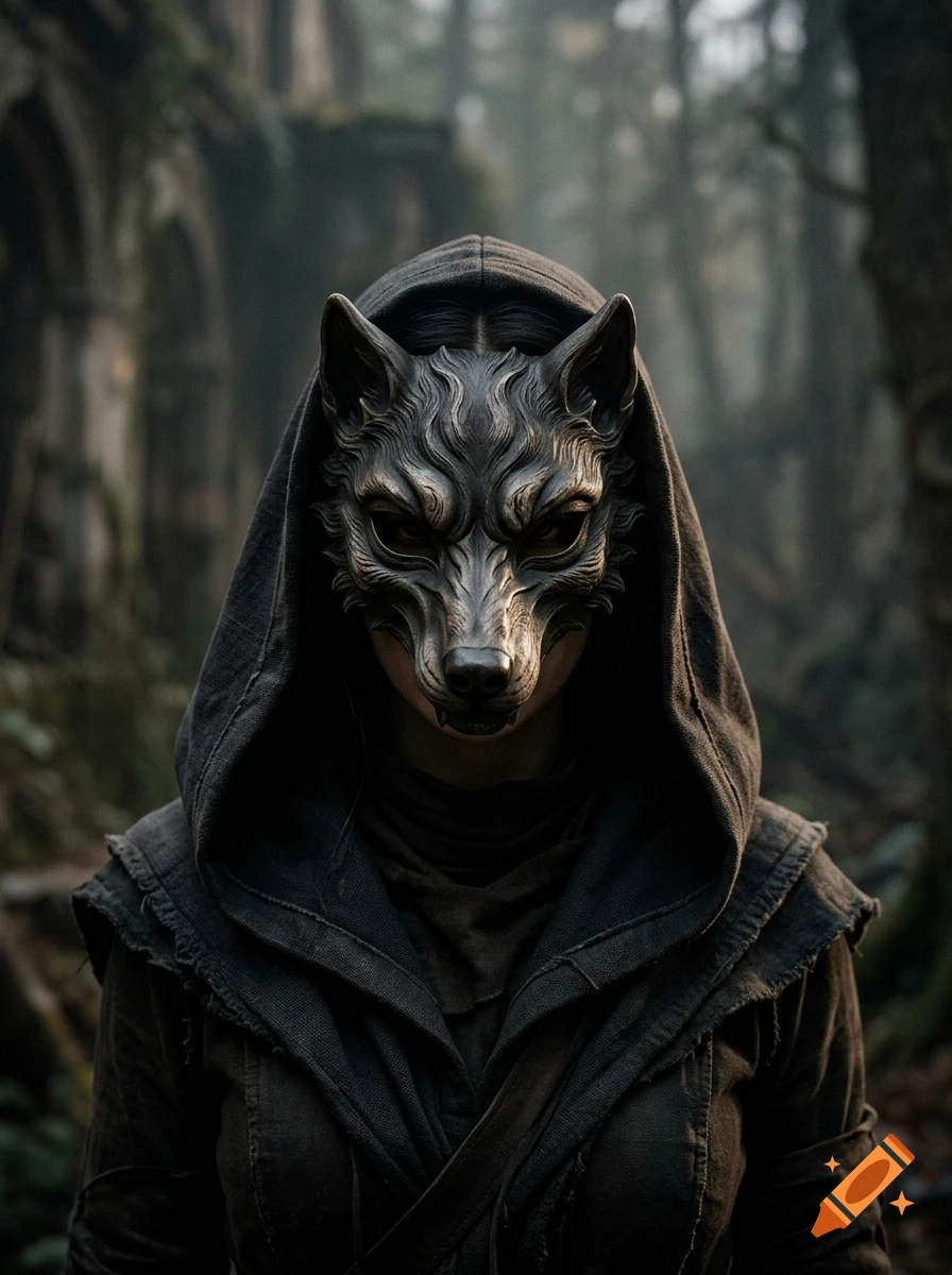 A person wearing a detailed wolf mask and a dark hooded cloak standing in a forest.