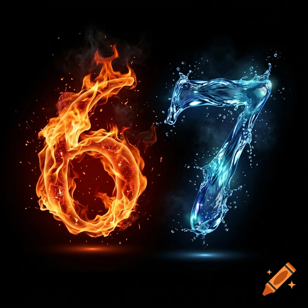 The numbers 6 and 7 formed by blazing fire and splashing water against a black background.