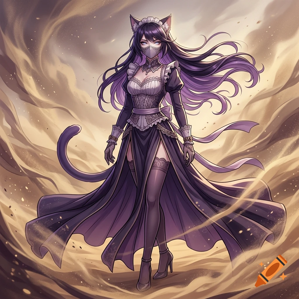Anime-style female character with cat ears, long purple hair, and a maid outfit standing in a desert sandstorm.