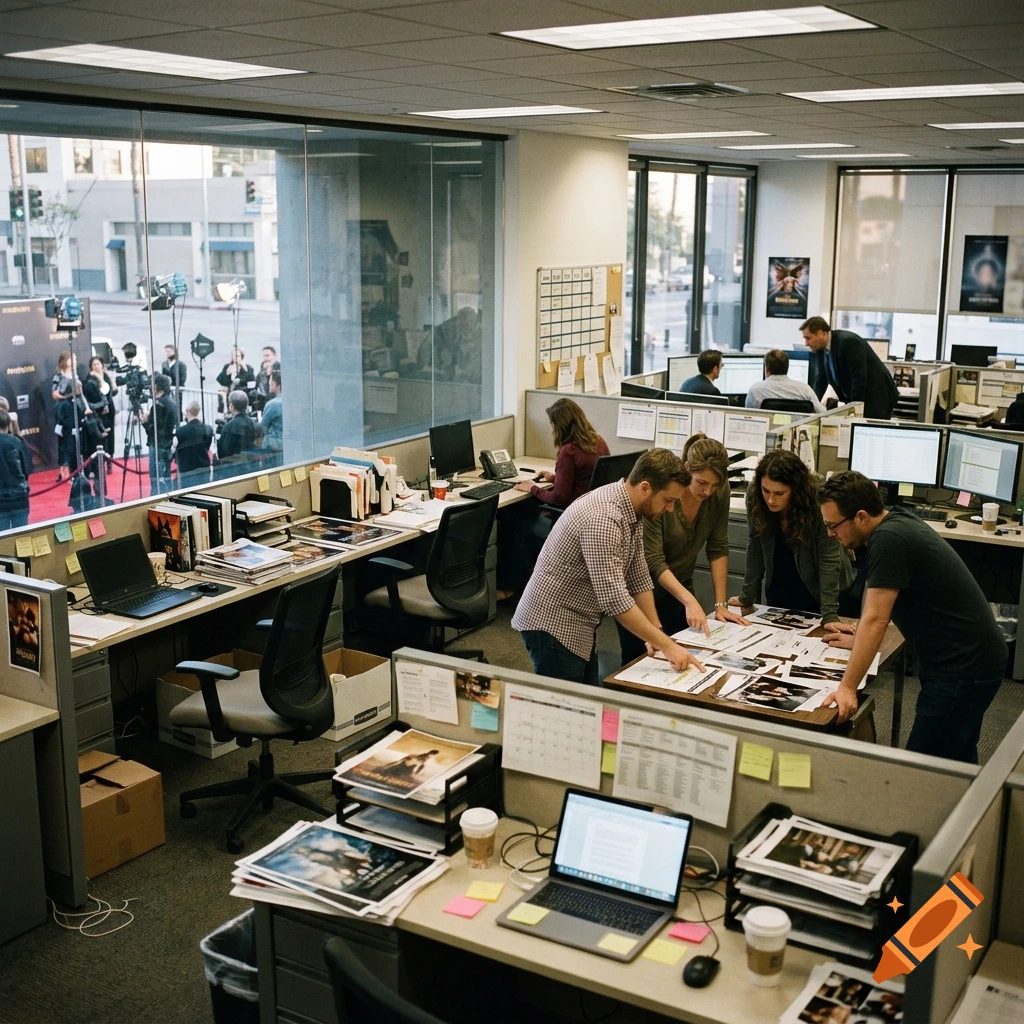 Photorealistic high-angle view of a busy open-plan office with employees collaborating around a desk.