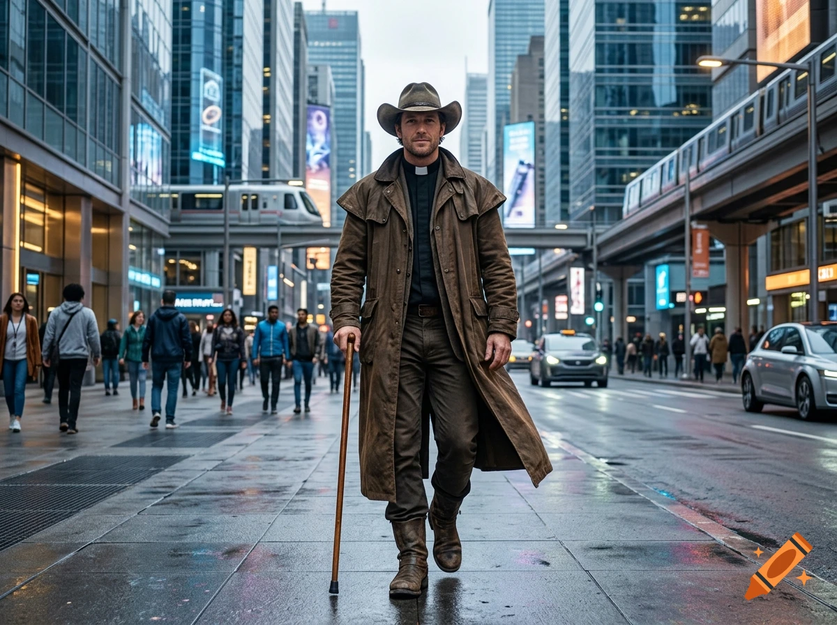 Photorealistic image of a priest in a cowboy hat and duster coat walking down a futuristic city street.