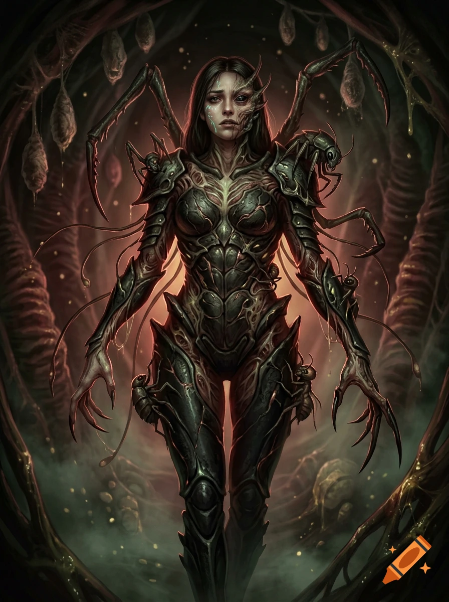 Dark fantasy digital illustration of a woman fused with alien insectoid armor standing in a biological hive cavern.