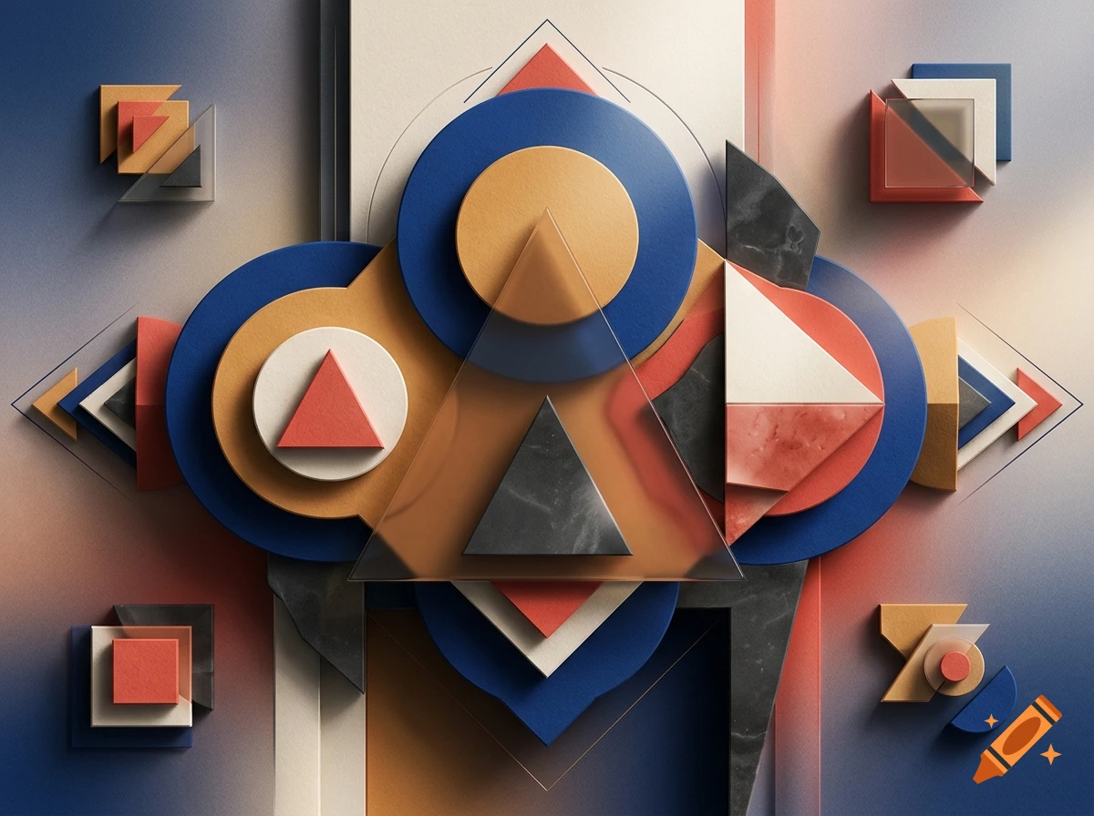 An abstract geometric art composition featuring overlapping circles, triangles, and squares in blue, orange, red, and white with paper-cut texture.