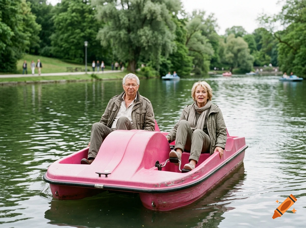 An older man and woman riding a pink paddleboat on a park lake with lush green trees and a walking path along the shore.