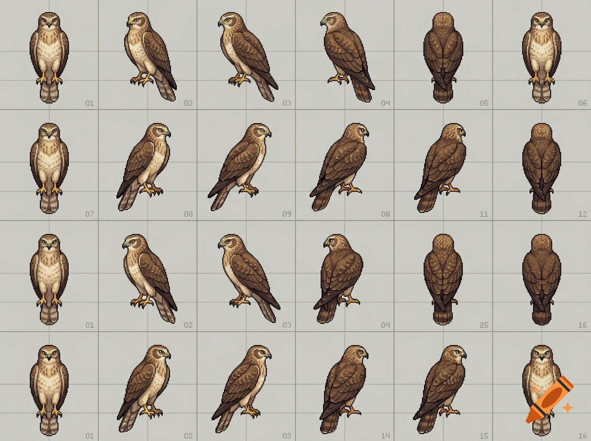 Pixel art sprite sheet showing a brown hawk from multiple viewing angles.