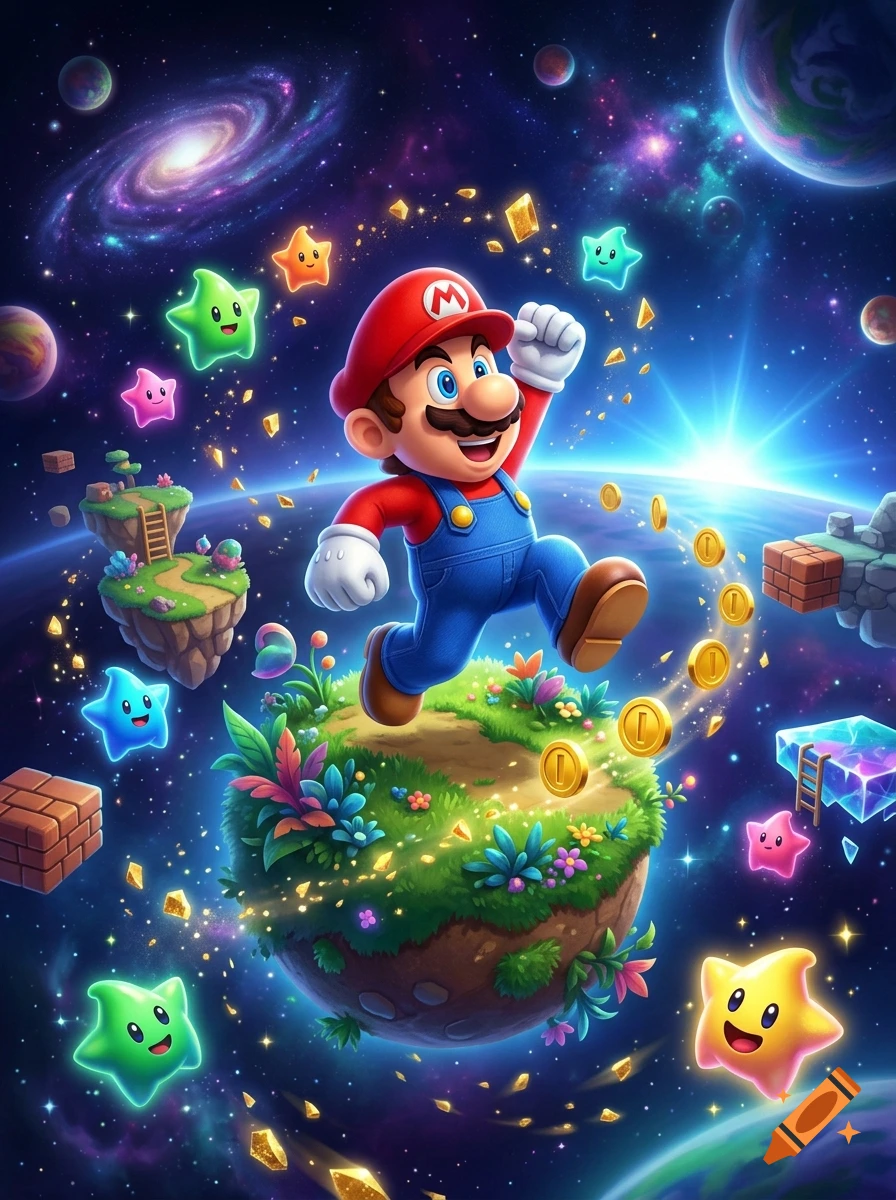 Mario running through space on a floating grassy planet surrounded by stars and planets, digital art style