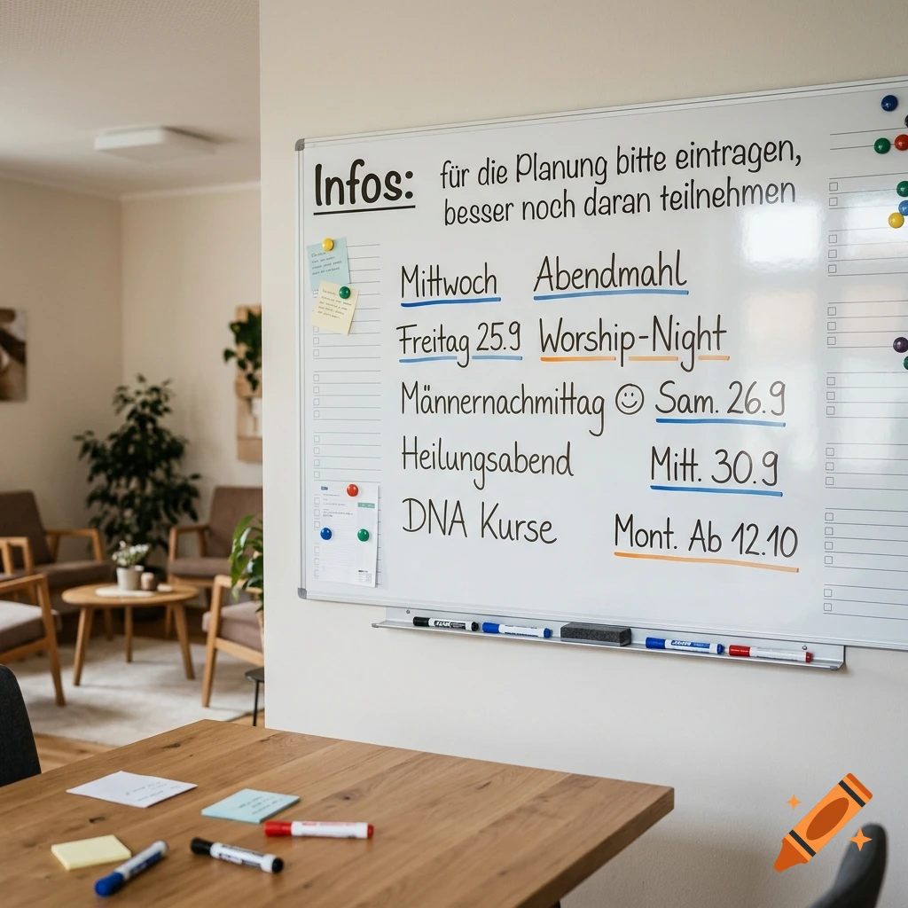 A whiteboard with German text and schedules hanging on a wall in a modern room with a wooden table in the foreground.
