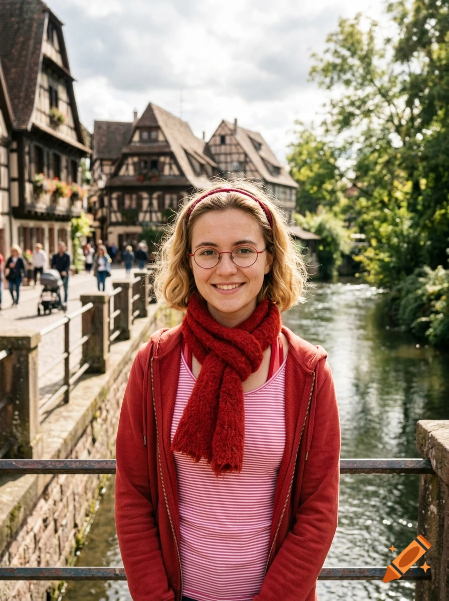 Photorealistic portrait of a young smiling woman wearing a red scarf and glasses on a bridge in an old European village.