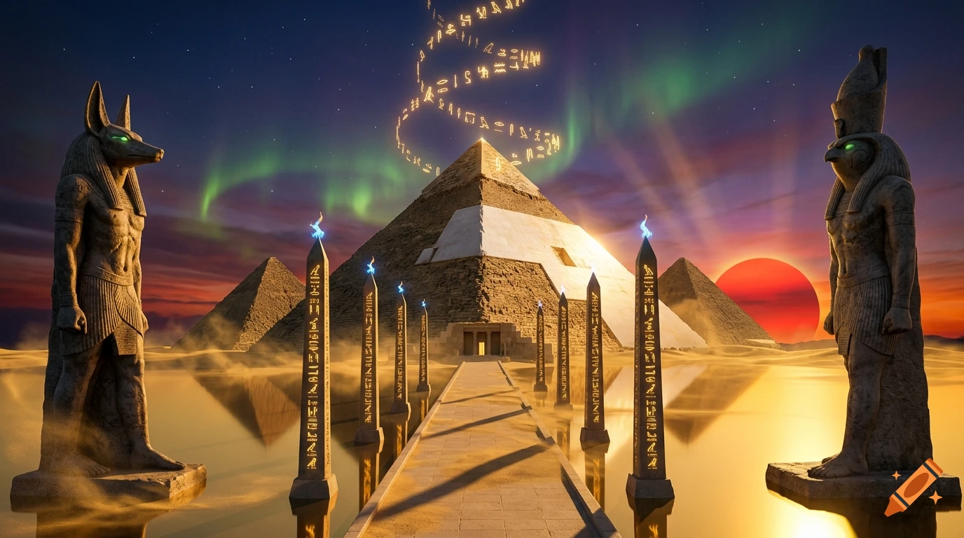 Surreal digital art of Egyptian pyramids at sunset with glowing hieroglyphs, giant Anubis and Horus statues, and a mirrored golden desert.